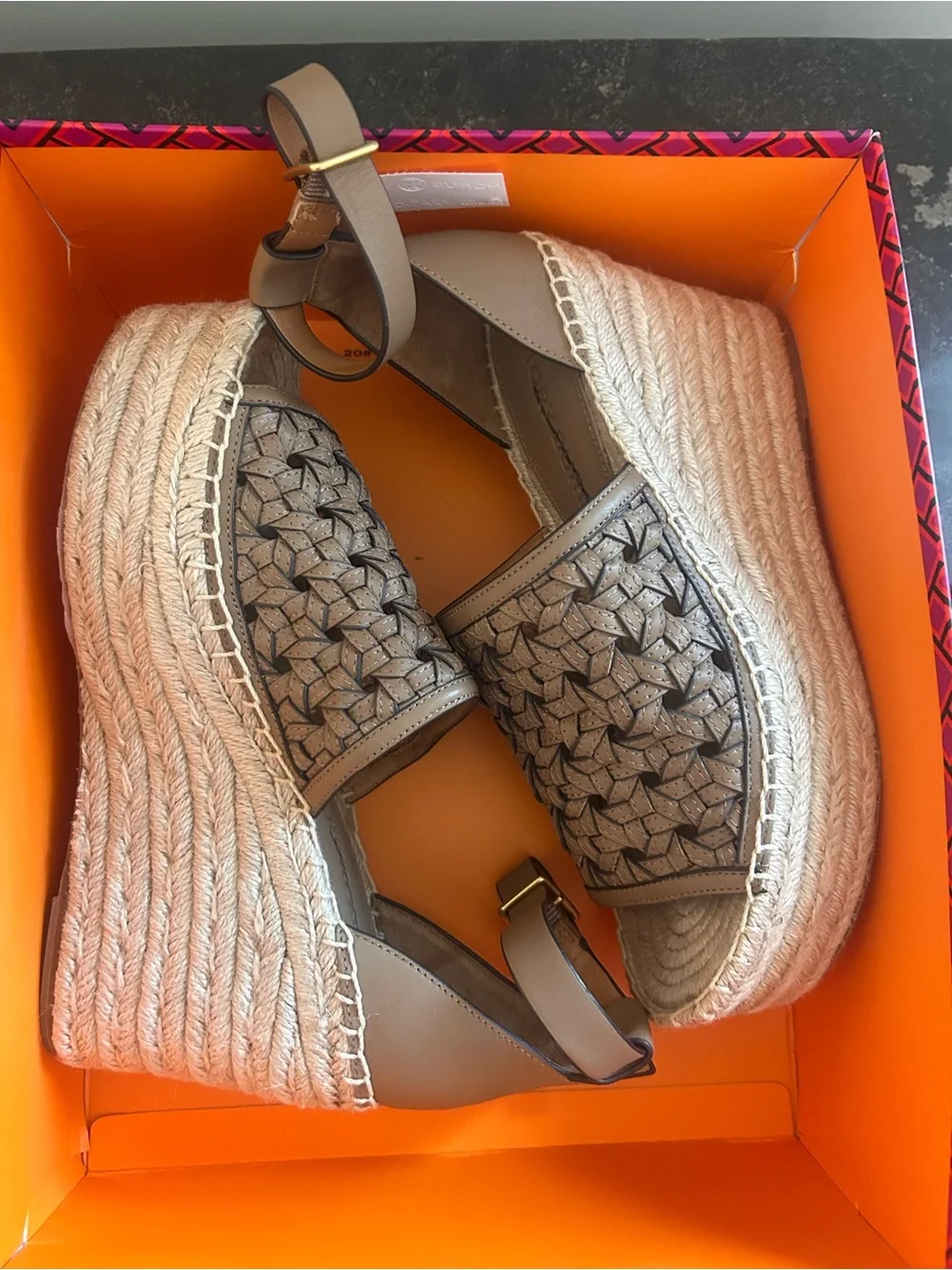 Tory Burch Brown Woven Espadrille Ankle-Strap Wedge Sandals